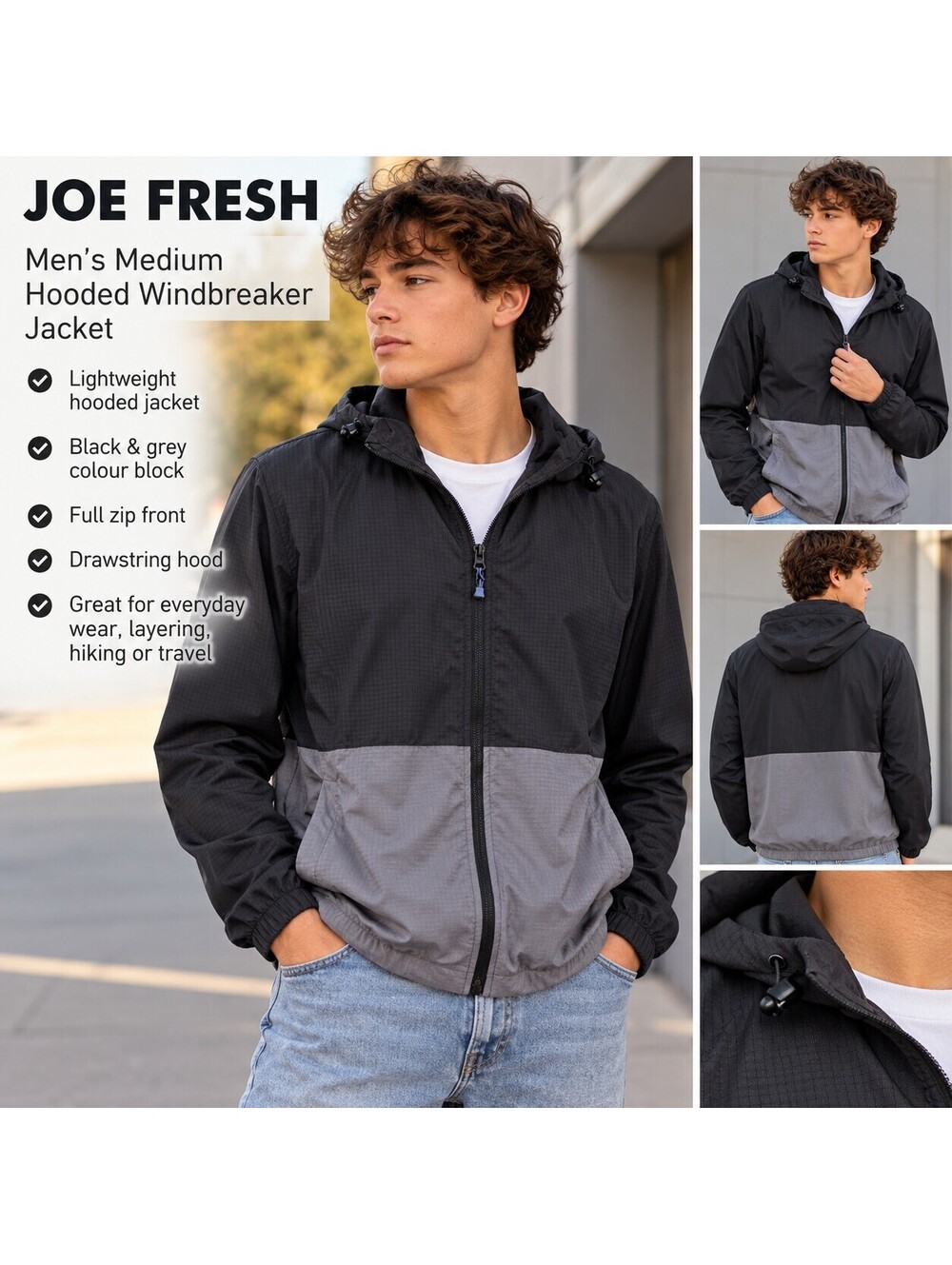 Joe Fresh Men’s Medium Black & Grey Colorblock Windbreaker Hooded Streetwear M